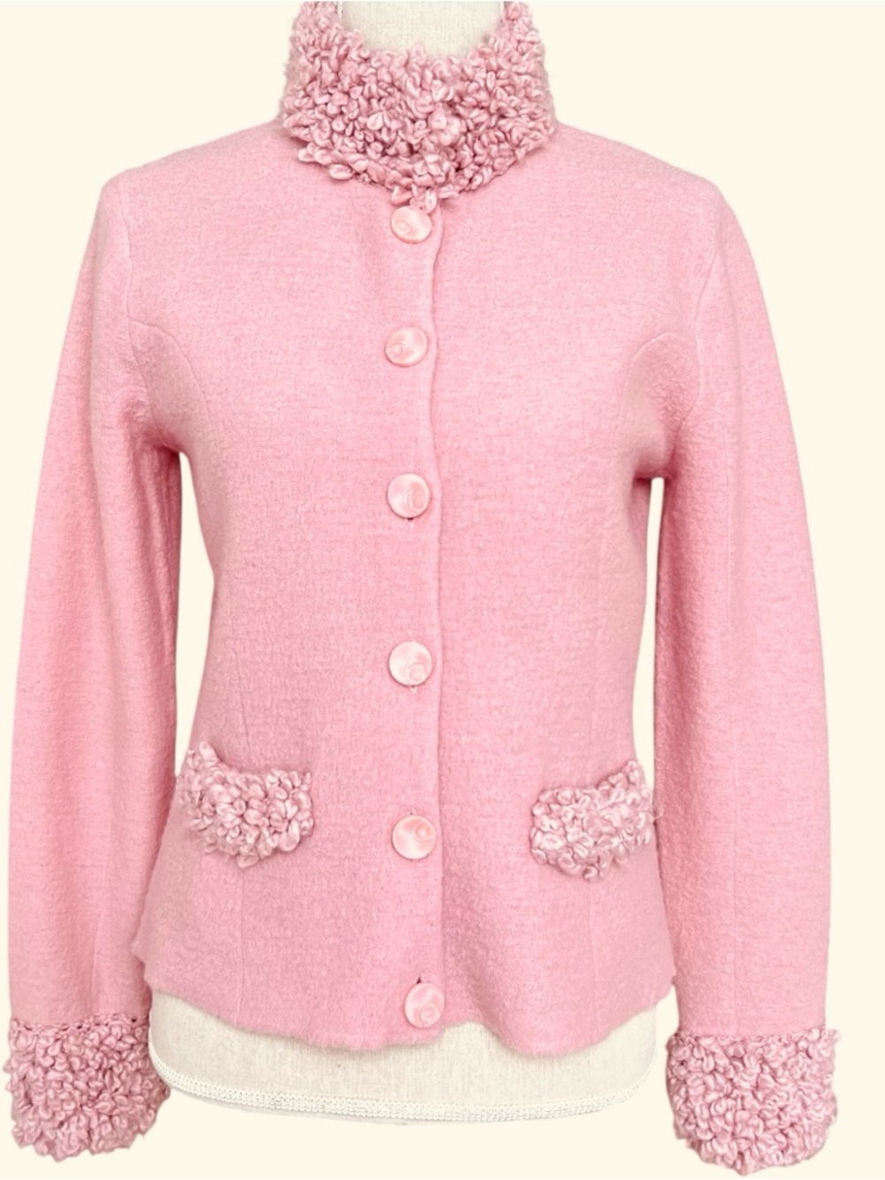 Norton McNaughton XS Pink Wool Poodle High Neck Cardigan Sweater Lightweight